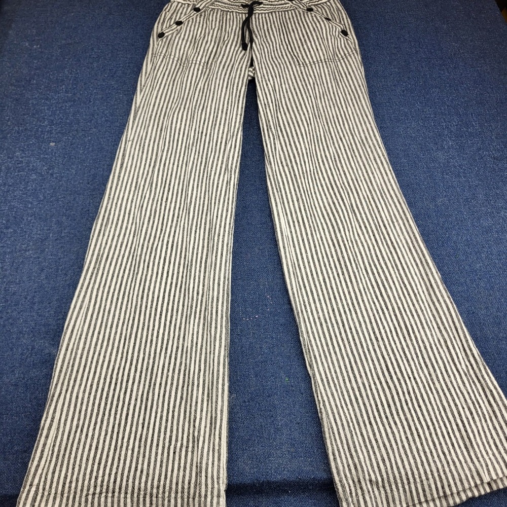 Jolt Womens Striped Linen Blend Wide Leg Pants Black White Sz 3  Elastic String